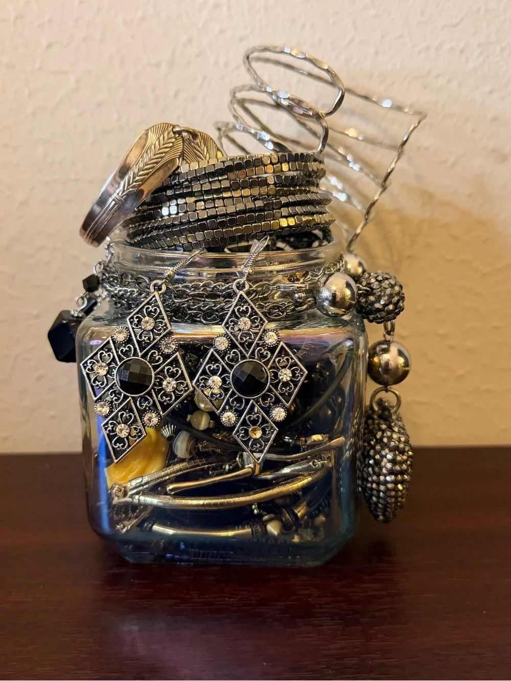 Mystery Jewelry Jar - Edgy Glam Theme Silver Tone Black Biker Vtg-Mod